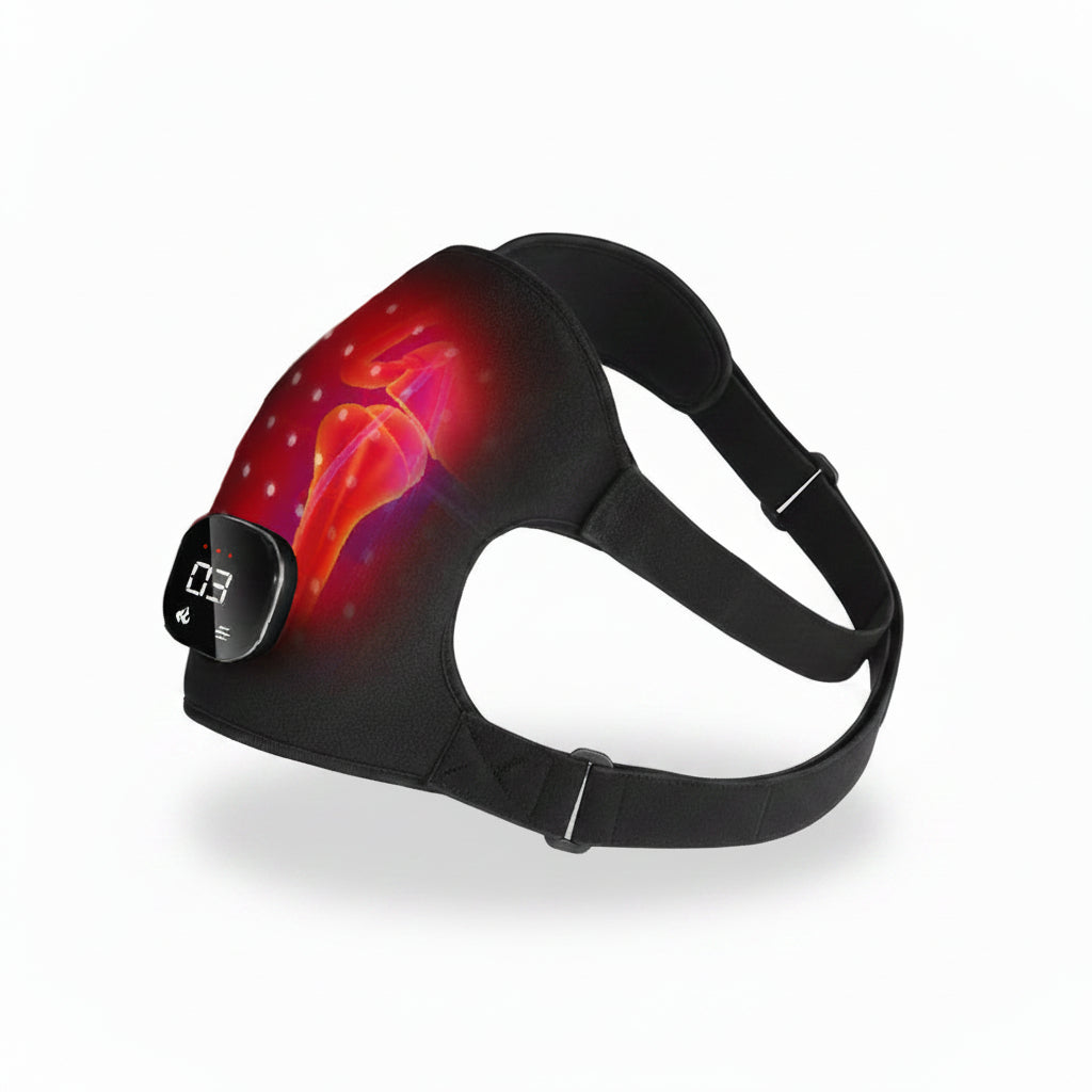Man wearing a black shoulder brace with red light therapy on a white background