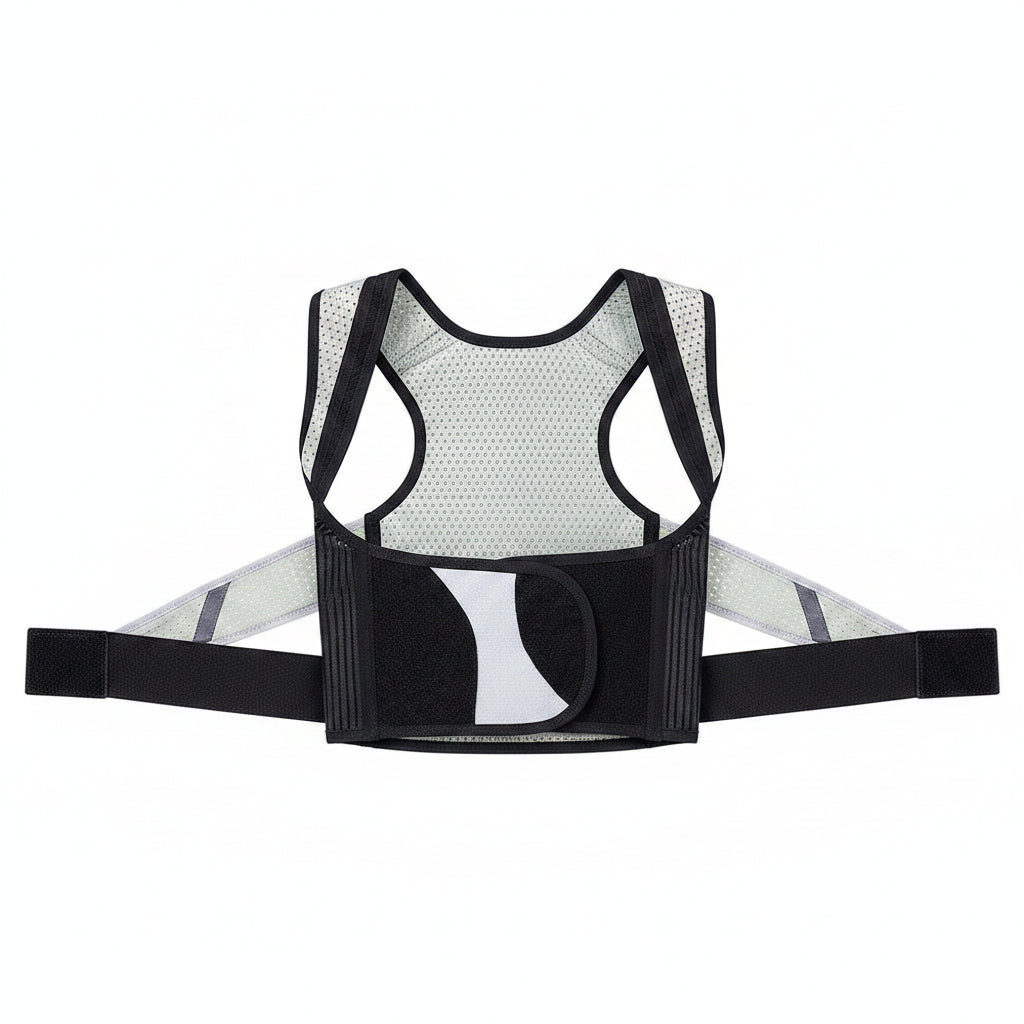 Woman wearing a black posture corrector on a white background