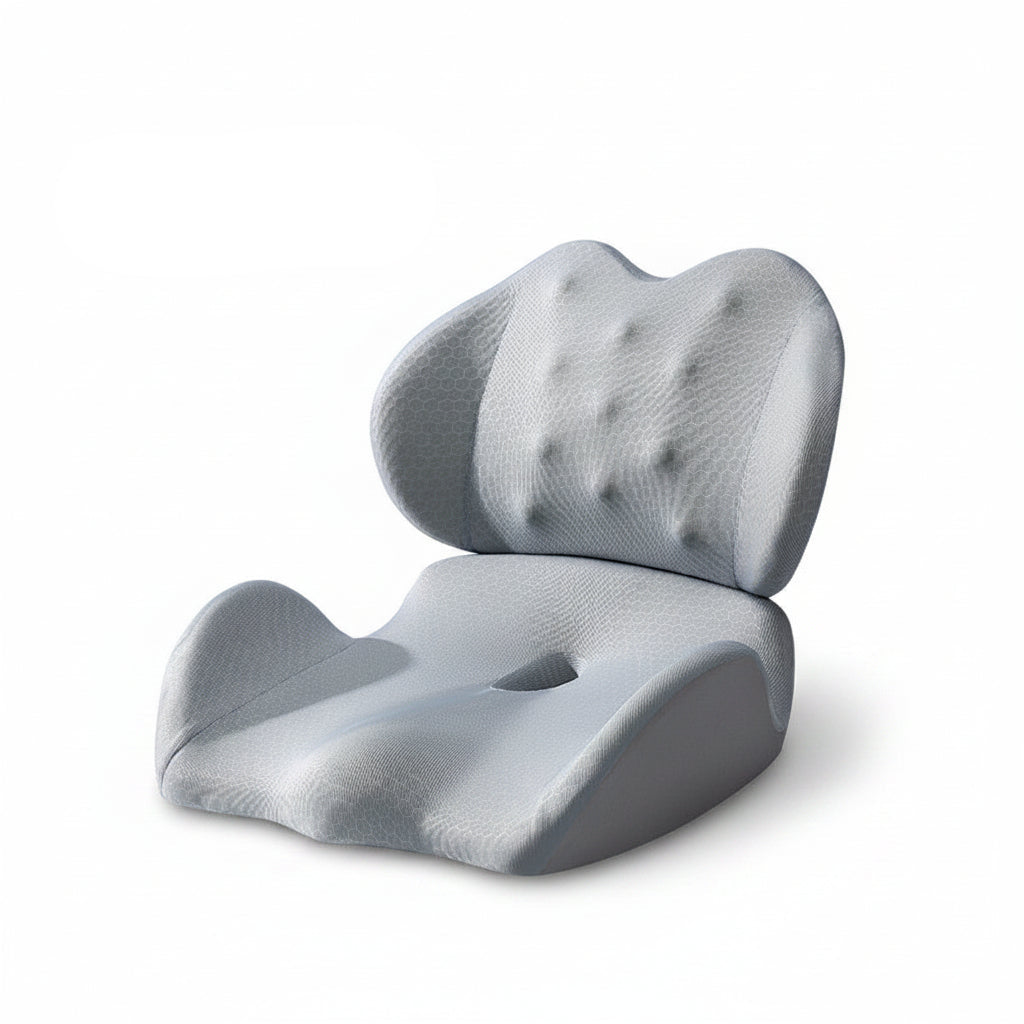 Gray ergonomic seat cushion on a light gray background