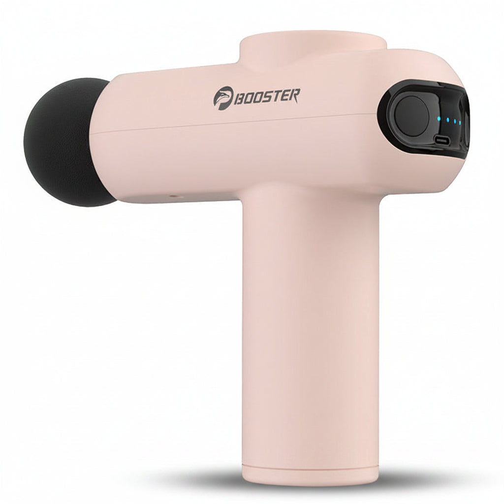 Pink massage gun with black nozzle on a white background, featuring the Booster brand.