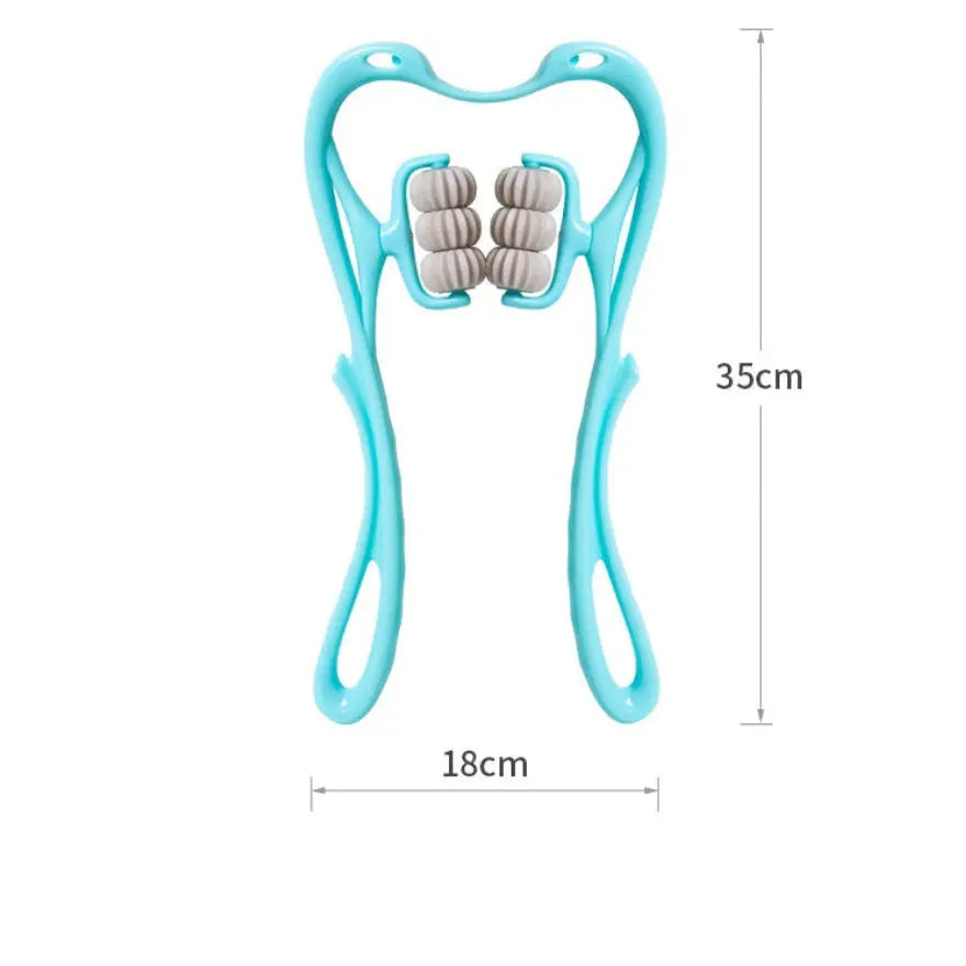 Teal dental massager with dimensions on a white background