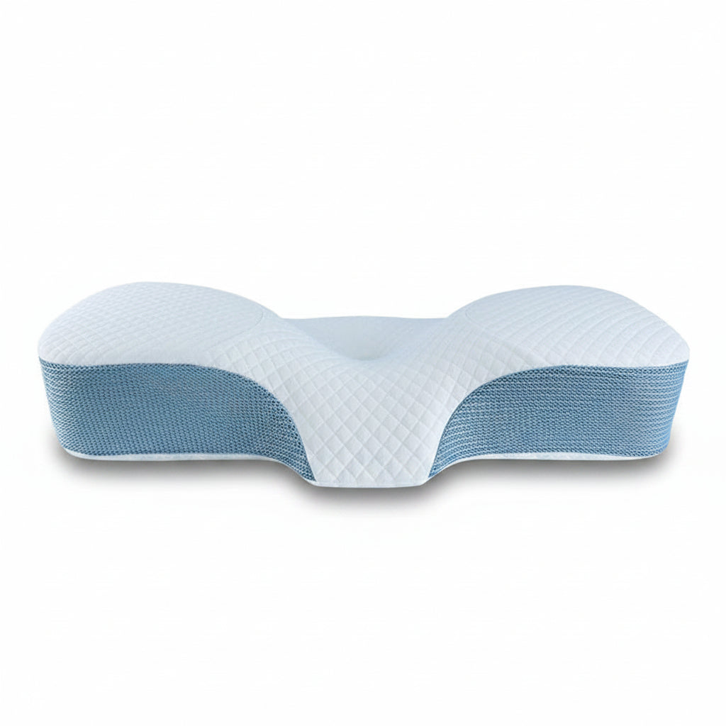 Blue and white ergonomic pillow on a white background