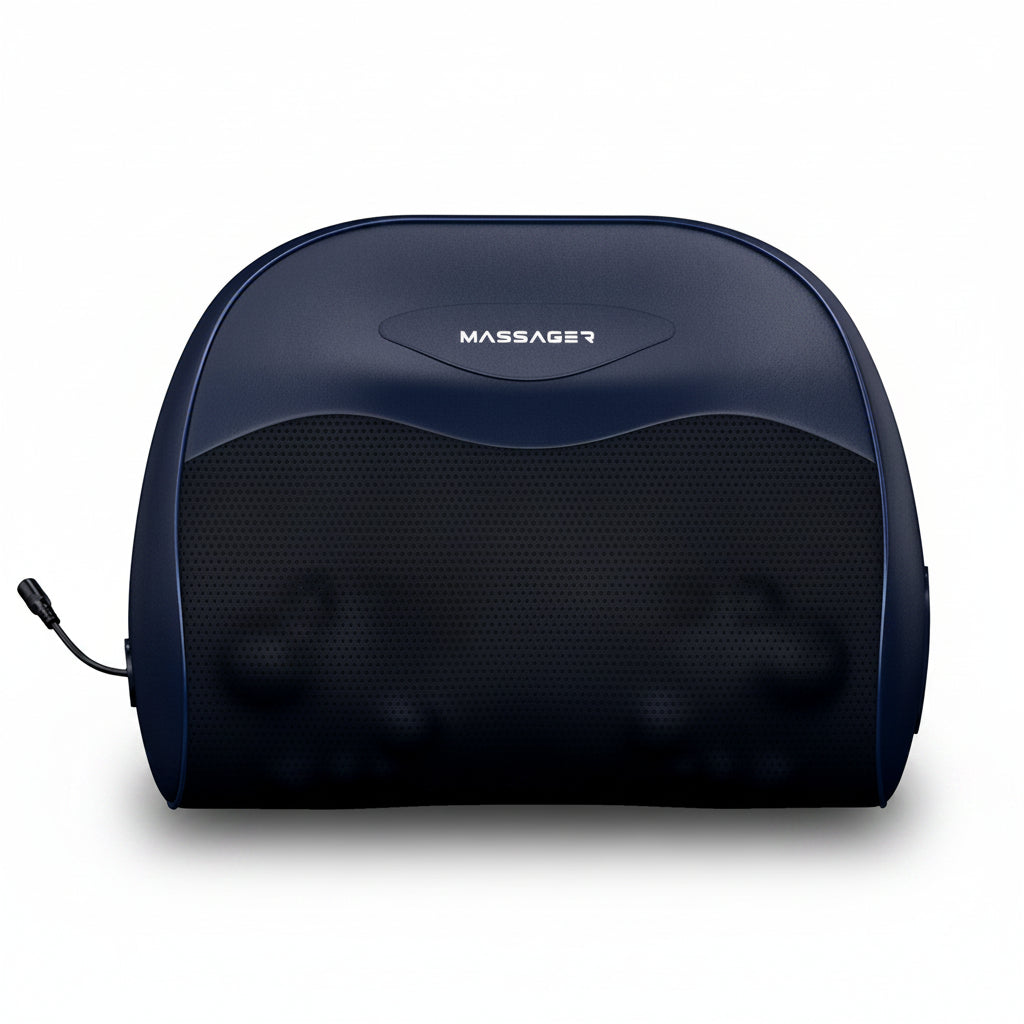 Blue massage pillow with 'Massager' branding on a white background