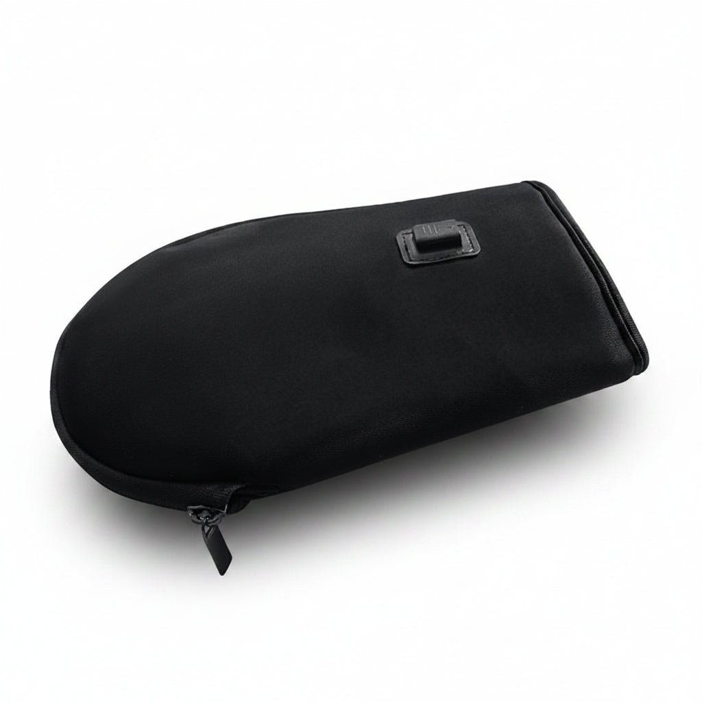 Black zippered pouch on a white background