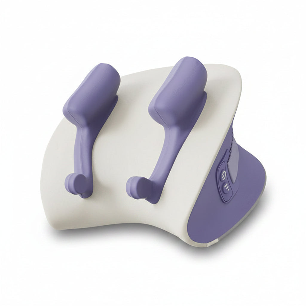 White and purple neck pillow with two handles on a white background