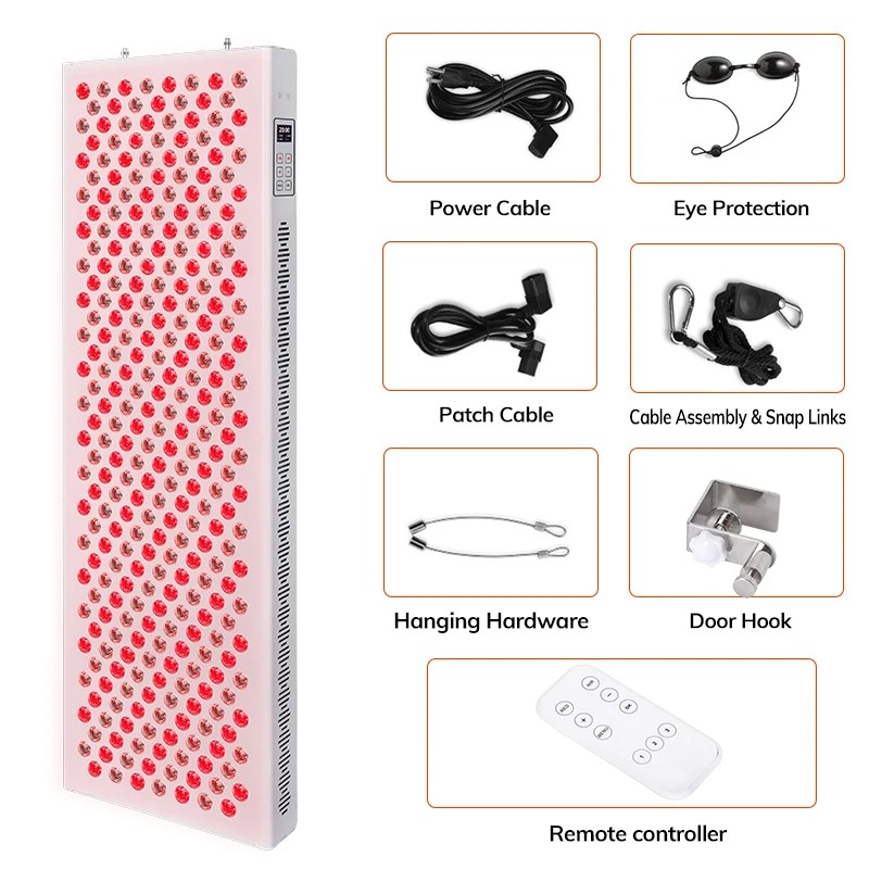 LED panel with power cable, eye protection, patch cable, cable assembly, hanging hardware, door hook, and remote controller displayed on a white background.