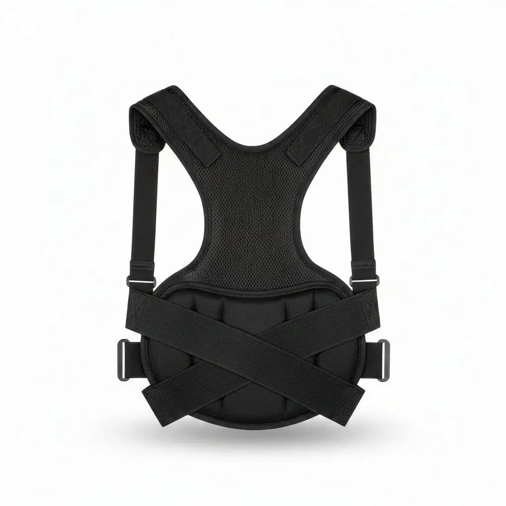 Person wearing a black posture corrector against a white background