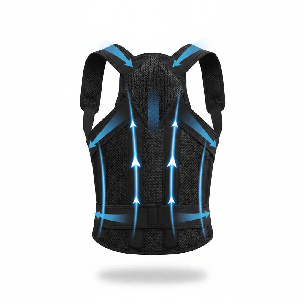 Person wearing a black posture corrector with blue arrows on a white background