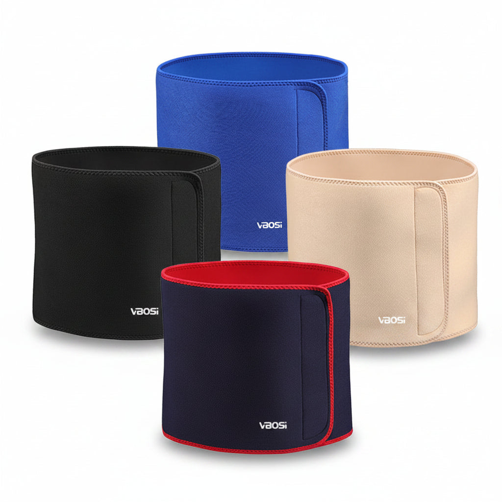 Four waist belts in blue, black, red, and beige with 'VAOS' branding on a white background.