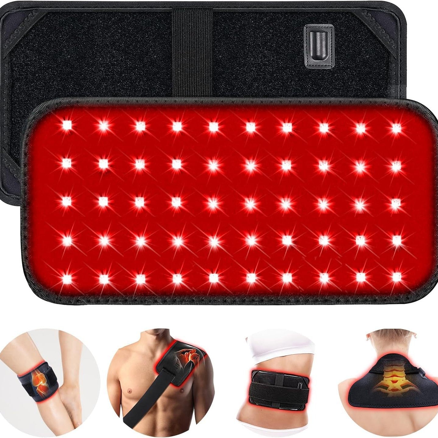 Red LED panel with black border, showing close-up and application on different parts of the body.