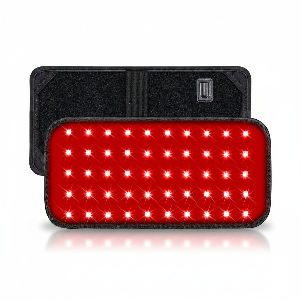 Red LED panel with black border, showing close-up and application on different parts of the body.