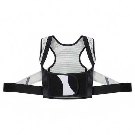 Woman wearing a black posture corrector on a white background