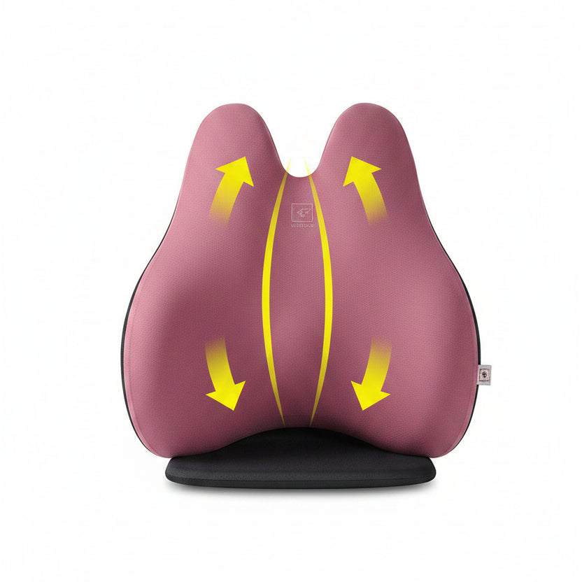 Illustration of a person with back pain and a cushion designed to alleviate it.