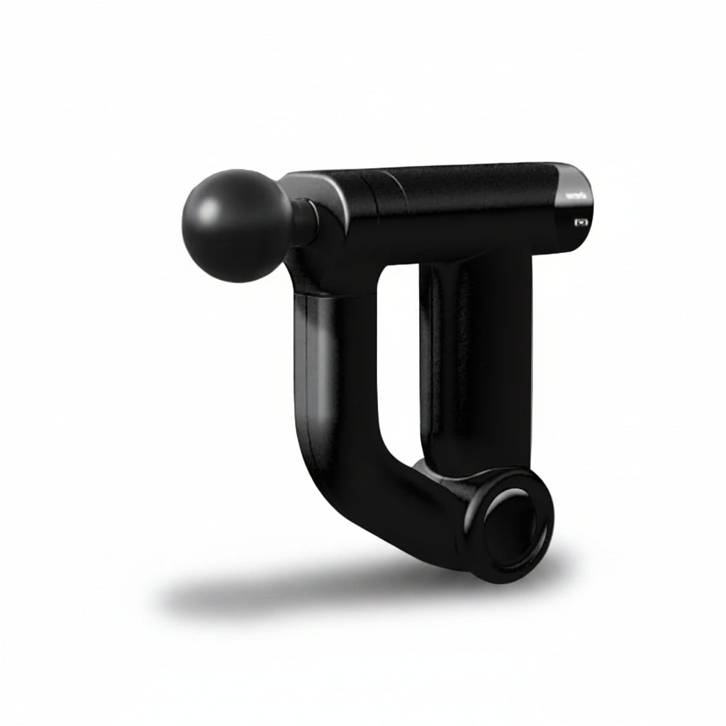 Black handheld massage tool on a gray background