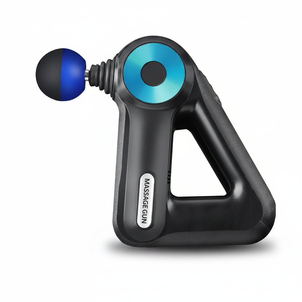 Black massage gun with blue accents on a white background