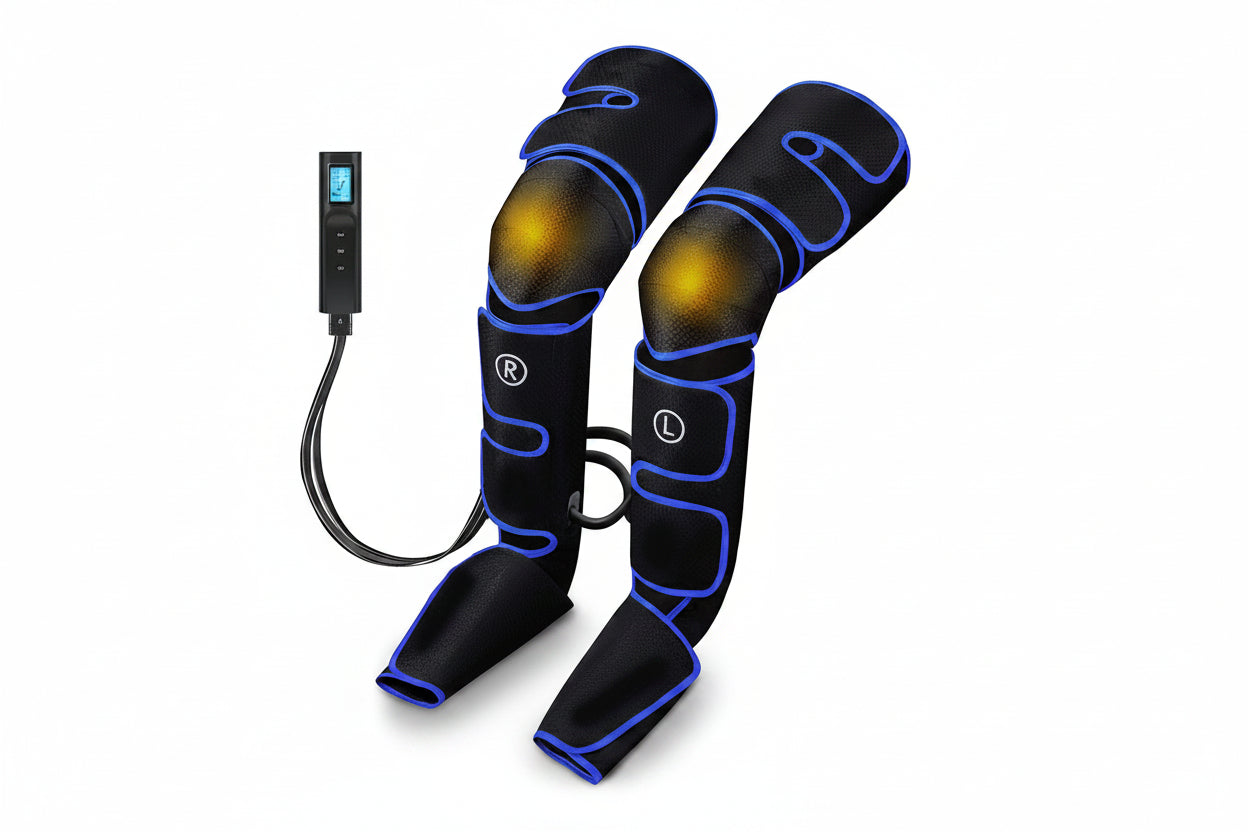 Pair of black knee sleeves with blue accents and a remote control on a white background