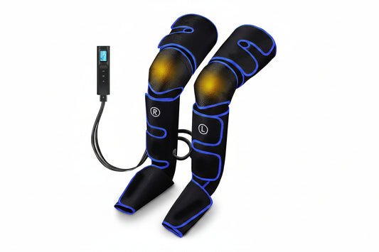 Pair of black knee sleeves with blue accents and a remote control on a white background