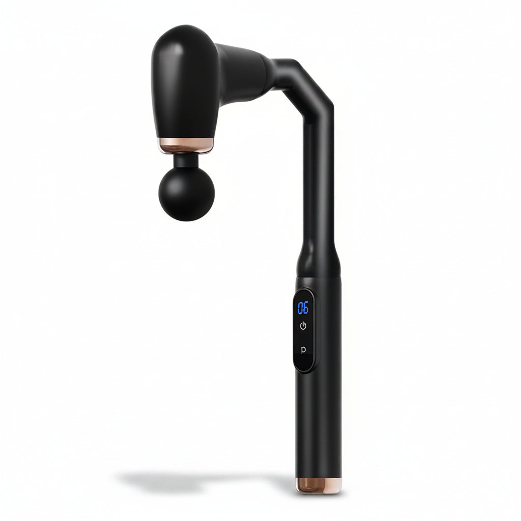 Black handheld massager with digital display on a white background