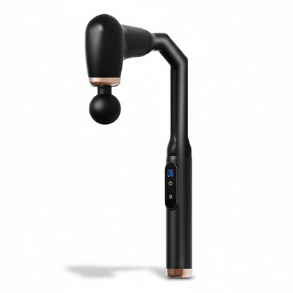 Black handheld massager with digital display on a white background