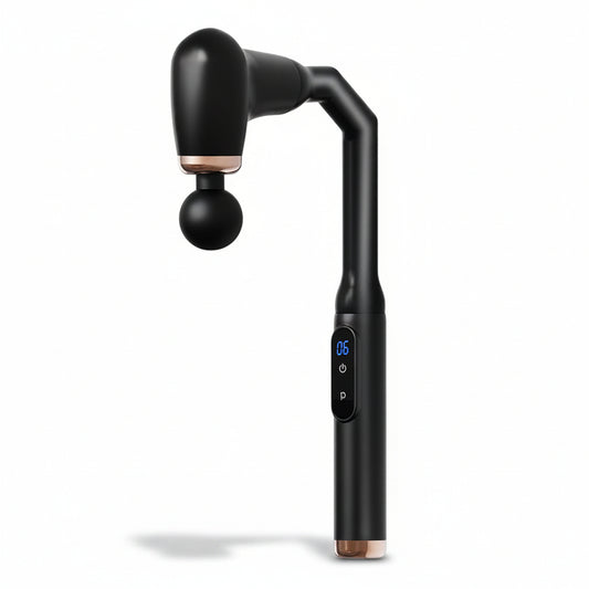Black handheld massager with digital display on a white background