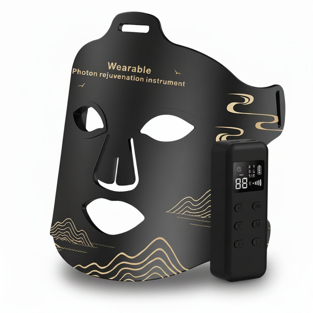 Black face mask with digital display on a white background