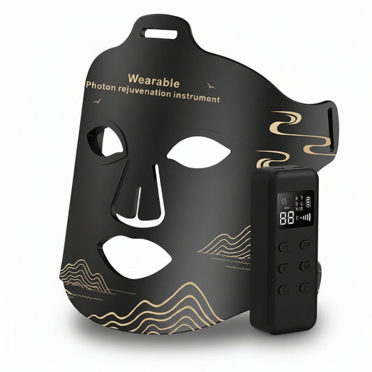 Black face mask with digital display on a white background