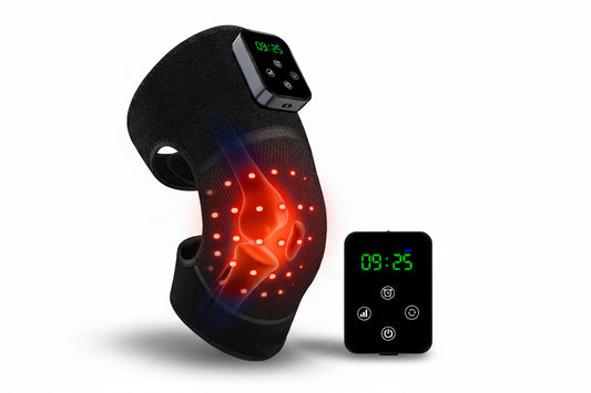 Black knee brace with digital display and red light on a white background