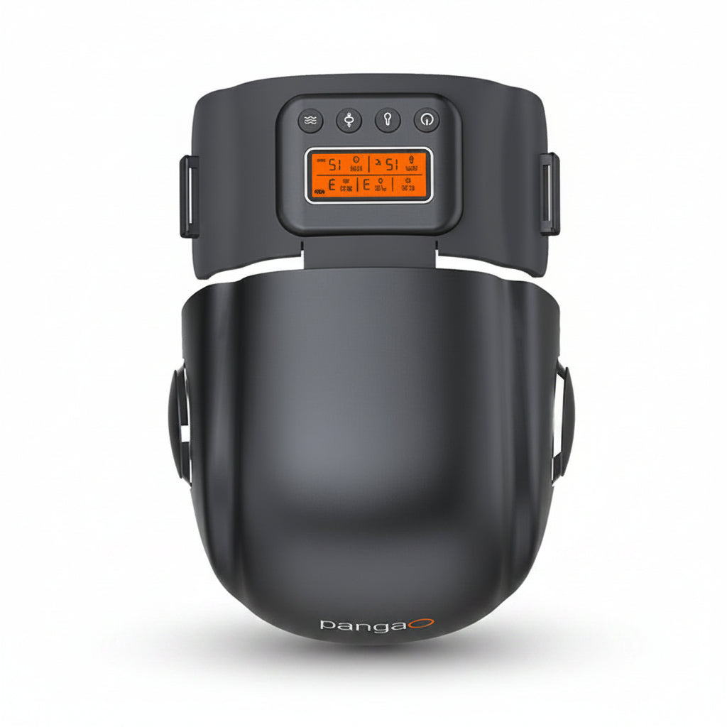 Black electronic device with digital display on a white background