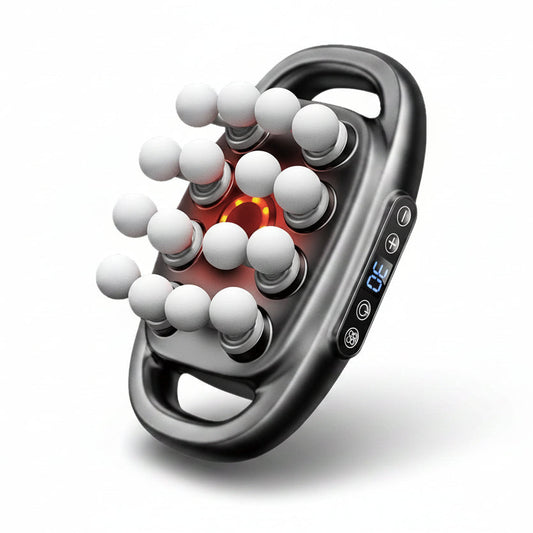 Massage roller device with white balls and control panel on a white background