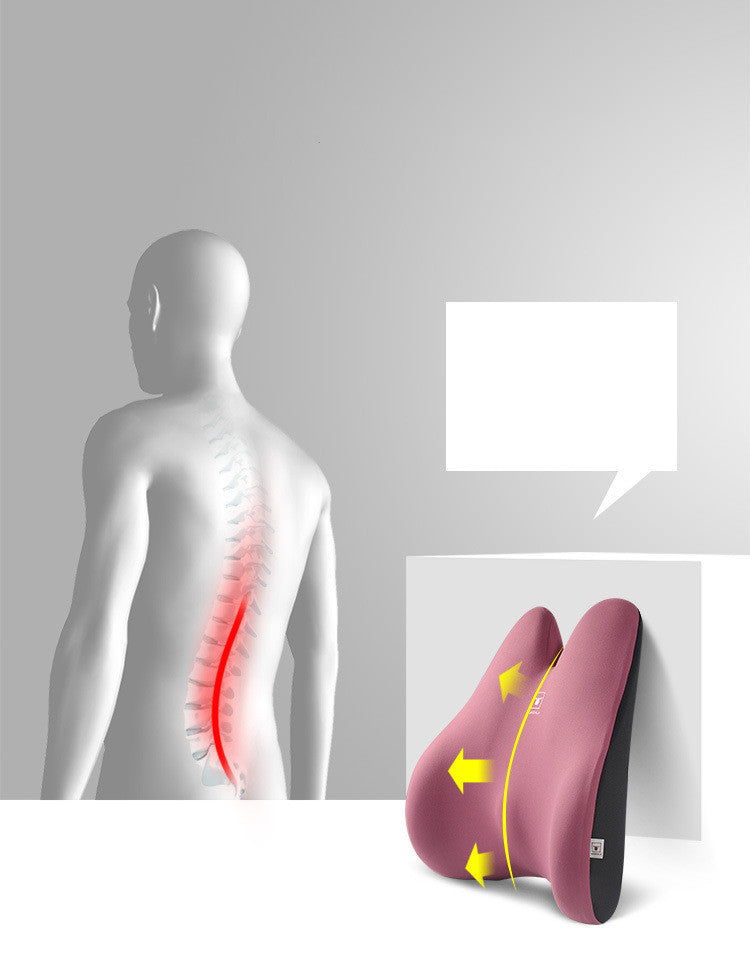 Illustration of a person with back pain and a cushion designed to alleviate it.