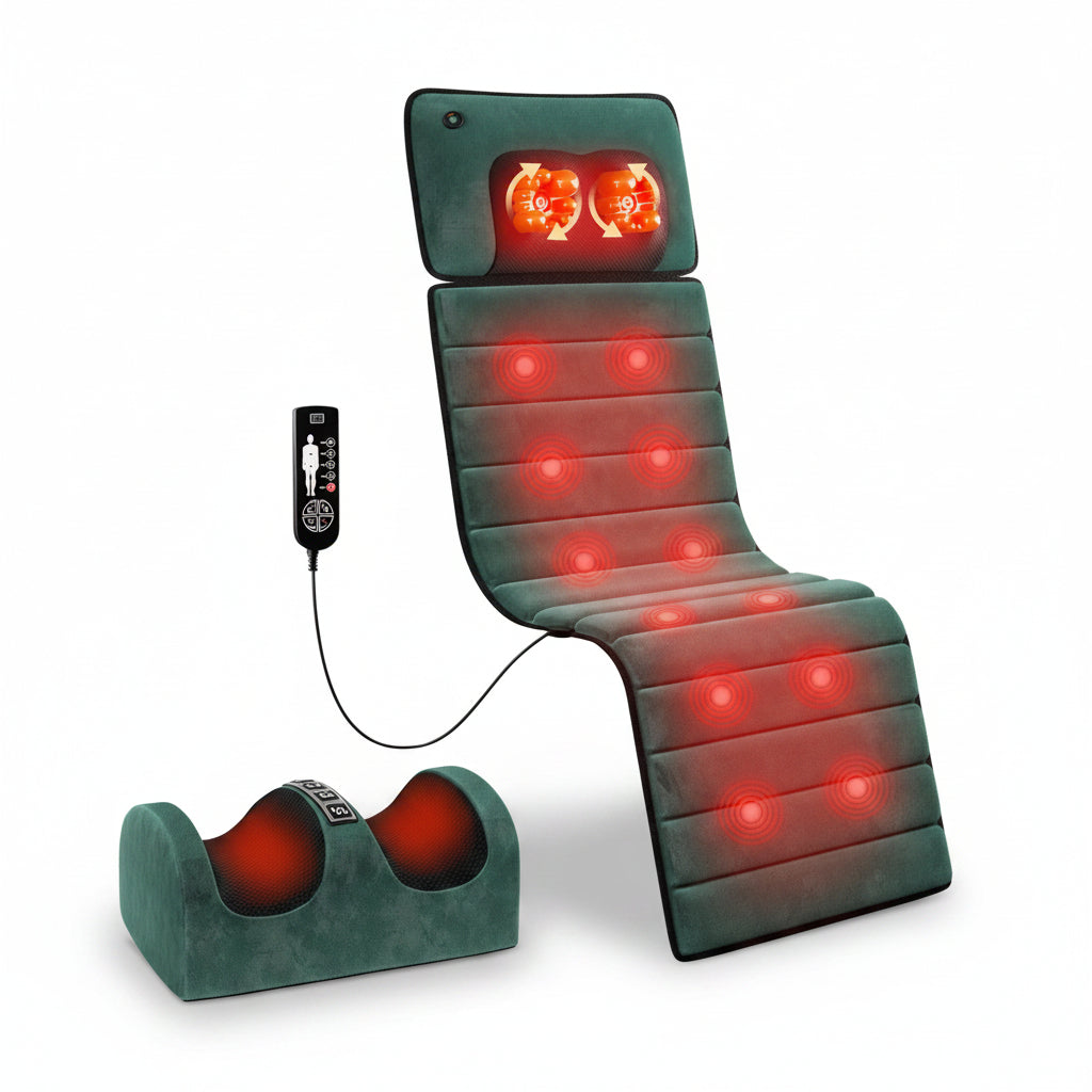 Massage chair with red lights and a remote control on a white background