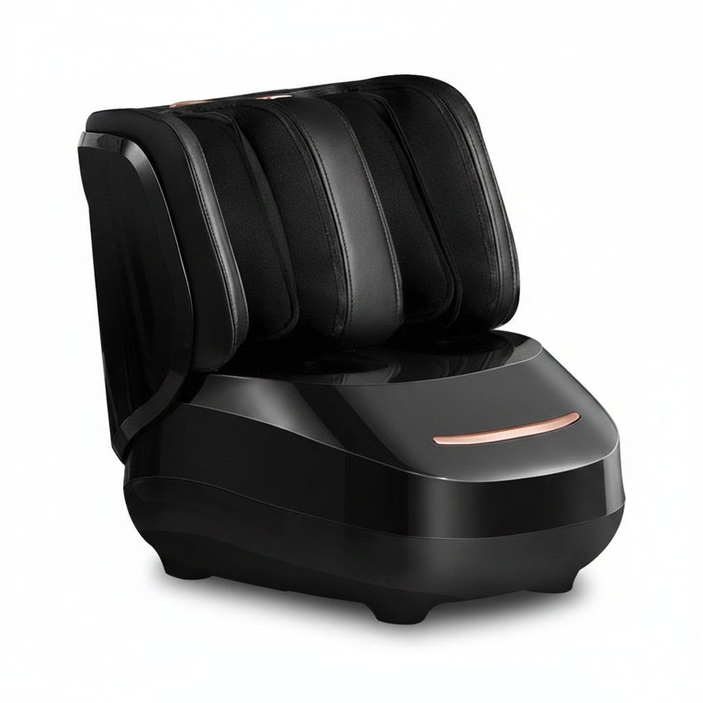Black massage chair on a white background.