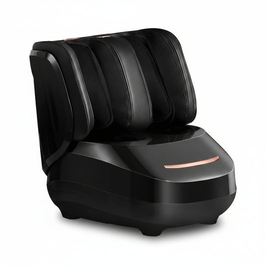 Black massage chair on a white background.