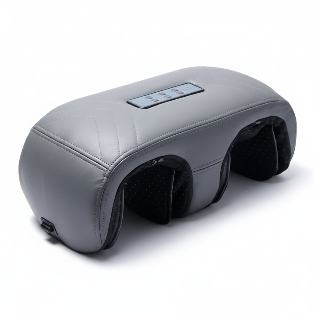 Gray massage pillow with control panel on a white background