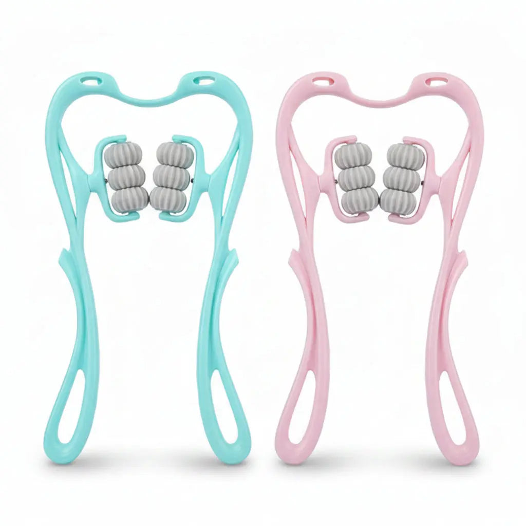 Two handheld massage tools, one blue and one pink, on a blue background.