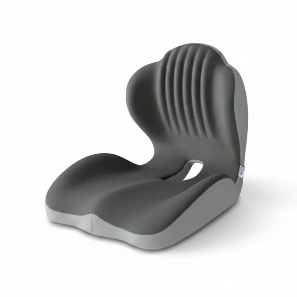 Gray sitting and leaning device with text on a light gray background