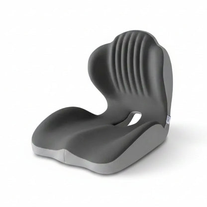 Gray sitting and leaning device with text on a light gray background