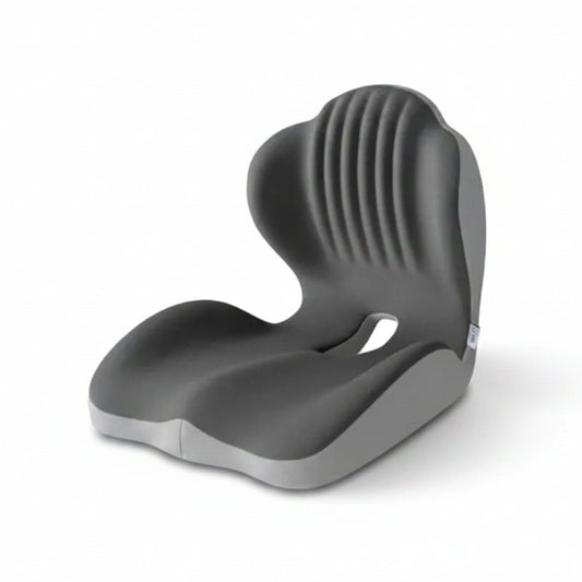 Gray sitting and leaning device with text on a light gray background