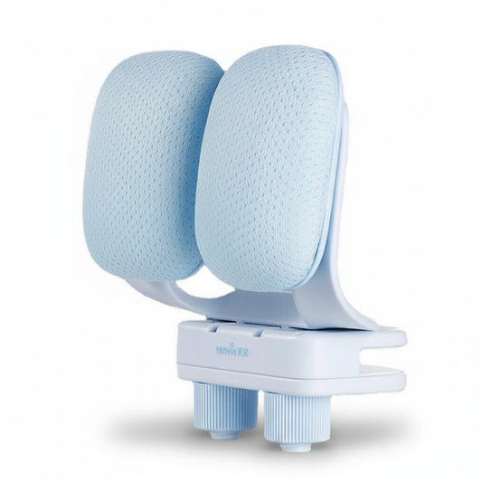 Blue and white hair dryer attachment on a white background