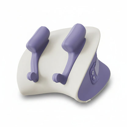 White and purple neck pillow with two handles on a white background