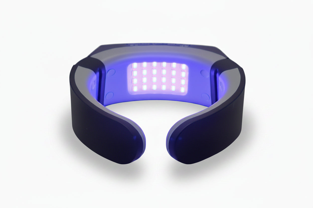 Blue LED light device on a white background
