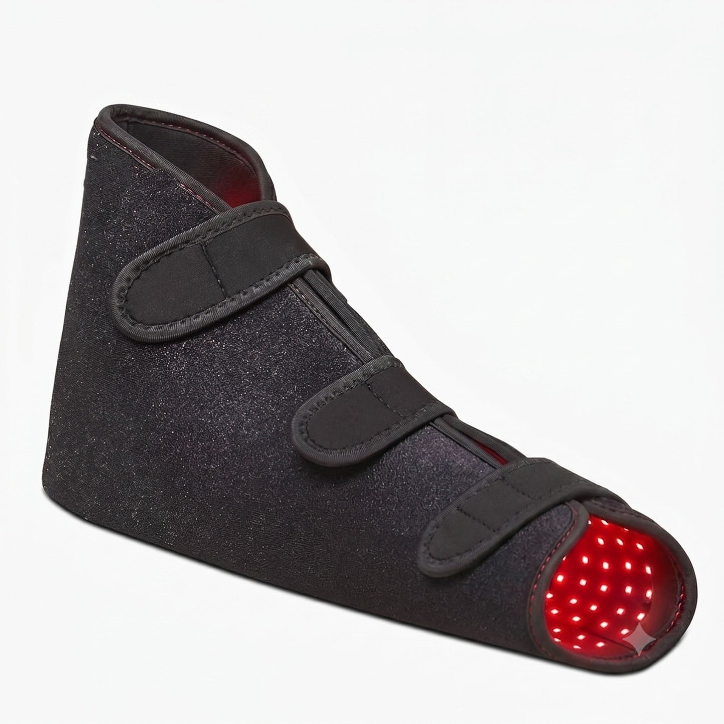 Black foot care device with red LED lights on a white background