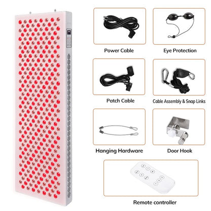 LED panel with power cable, eye protection, patch cable, cable assembly, hanging hardware, door hook, and remote controller displayed on a white background.