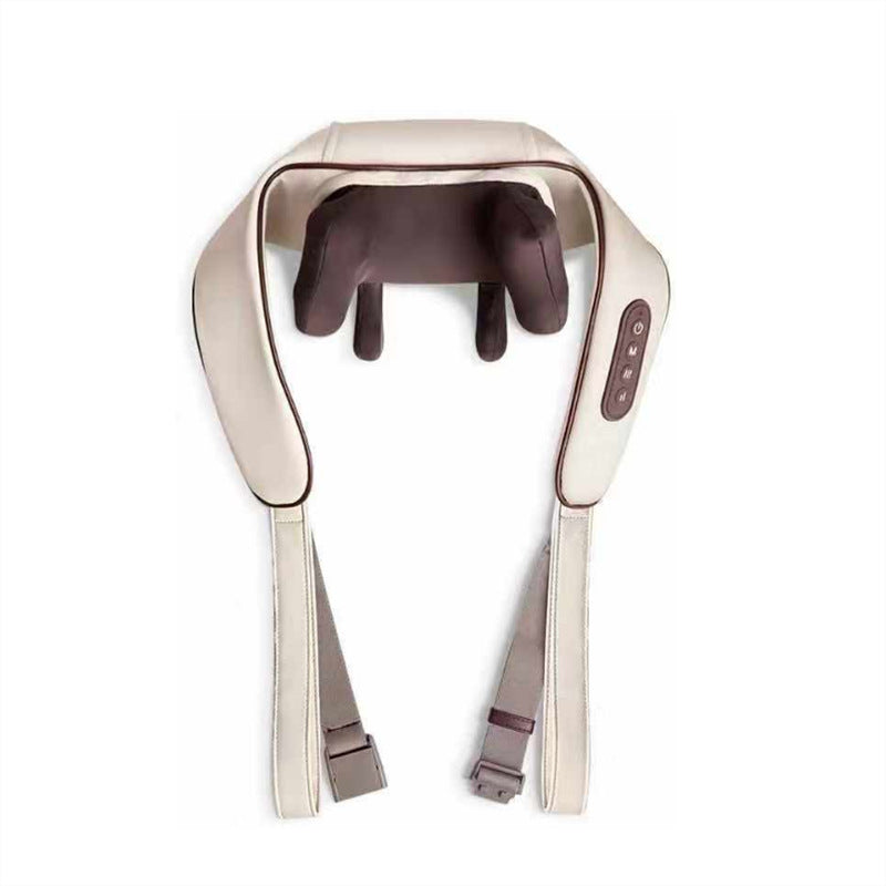 Neck and shoulder massager with beige casing and brown interior on a white background