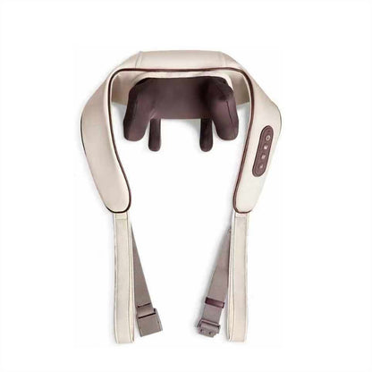 Neck and shoulder massager with beige casing and brown interior on a white background