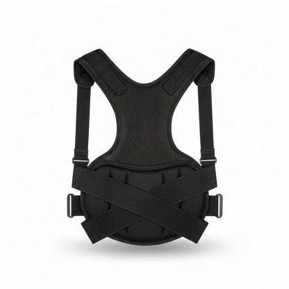 Person wearing a black posture corrector against a white background