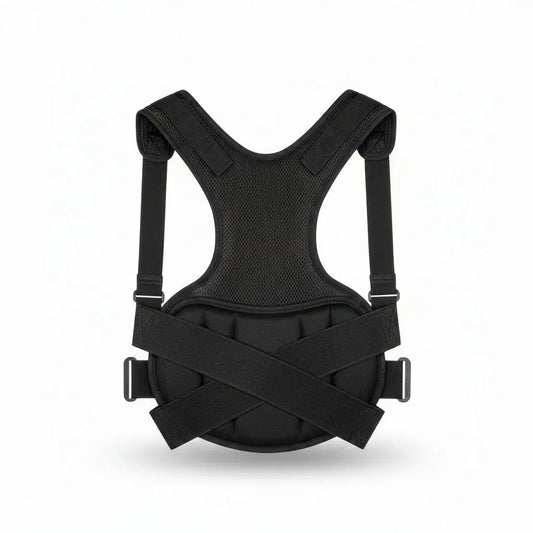 Person wearing a black posture corrector against a white background