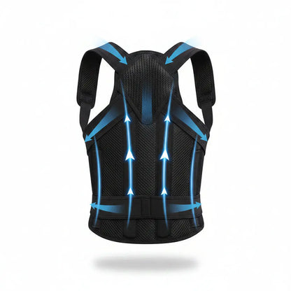Person wearing a black posture corrector with blue arrows on a white background