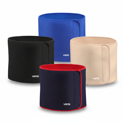 Four waist belts in blue, black, red, and beige with 'VAOS' branding on a white background.