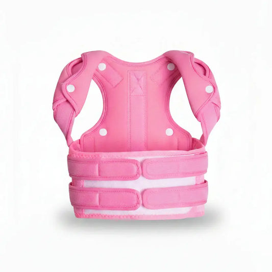 Child wearing a pink back brace against a white background